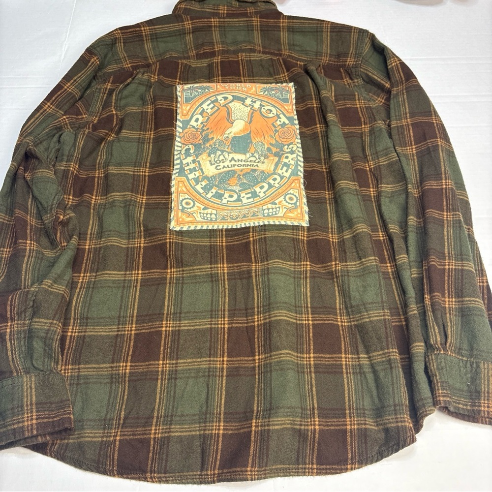 Upcycled Red Hot Chili Peppers RHCP XL Shirt Flannel Plaid Rock Band Green Brown